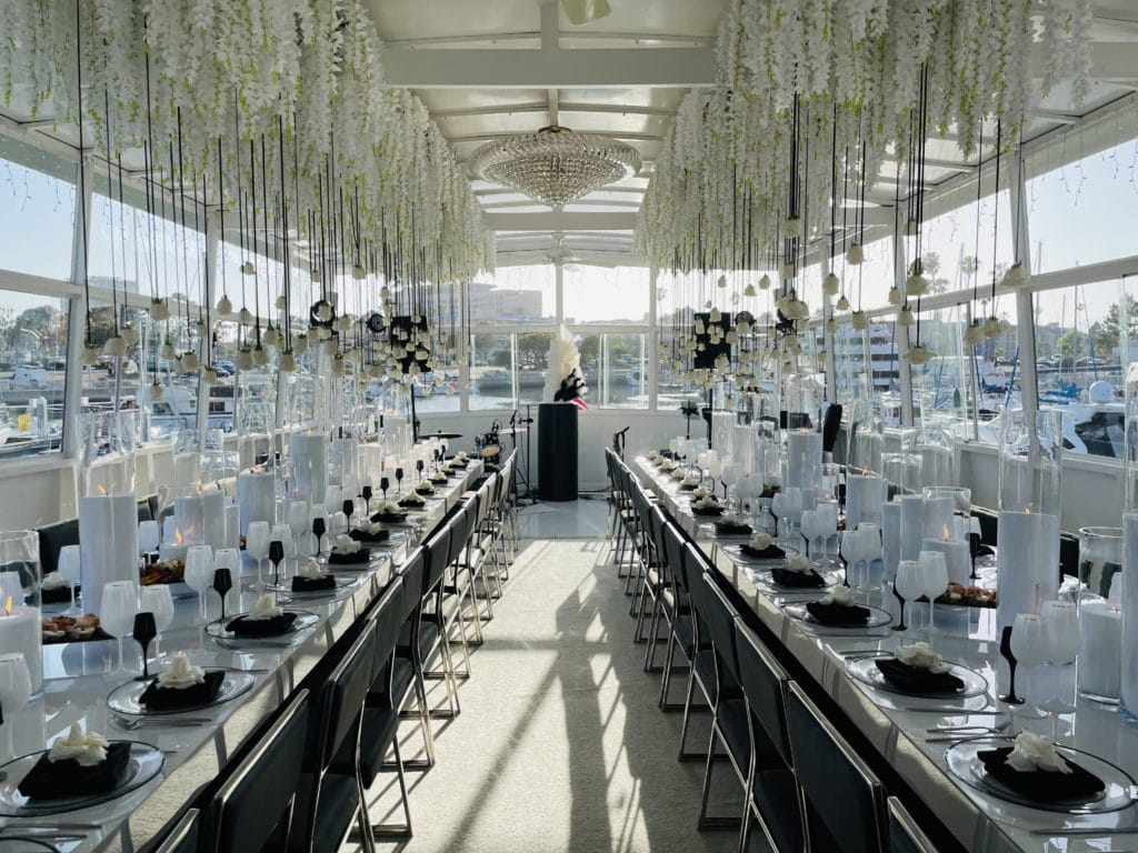 black white birthday party on a yacht