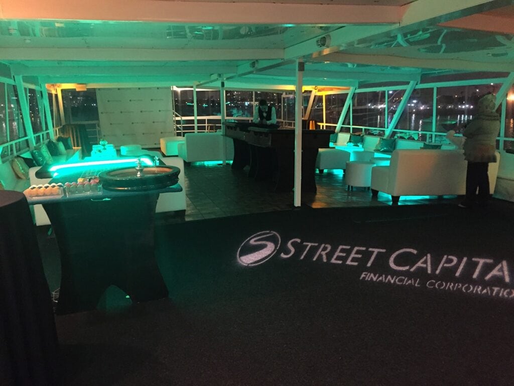corporate party on yacht with company logo on the floor