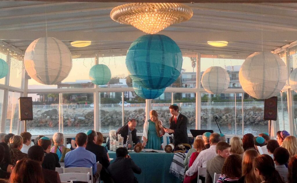 Bar/Bat Mitzvah Party celebration. Large paper lanterns in blue and white, on a yacht